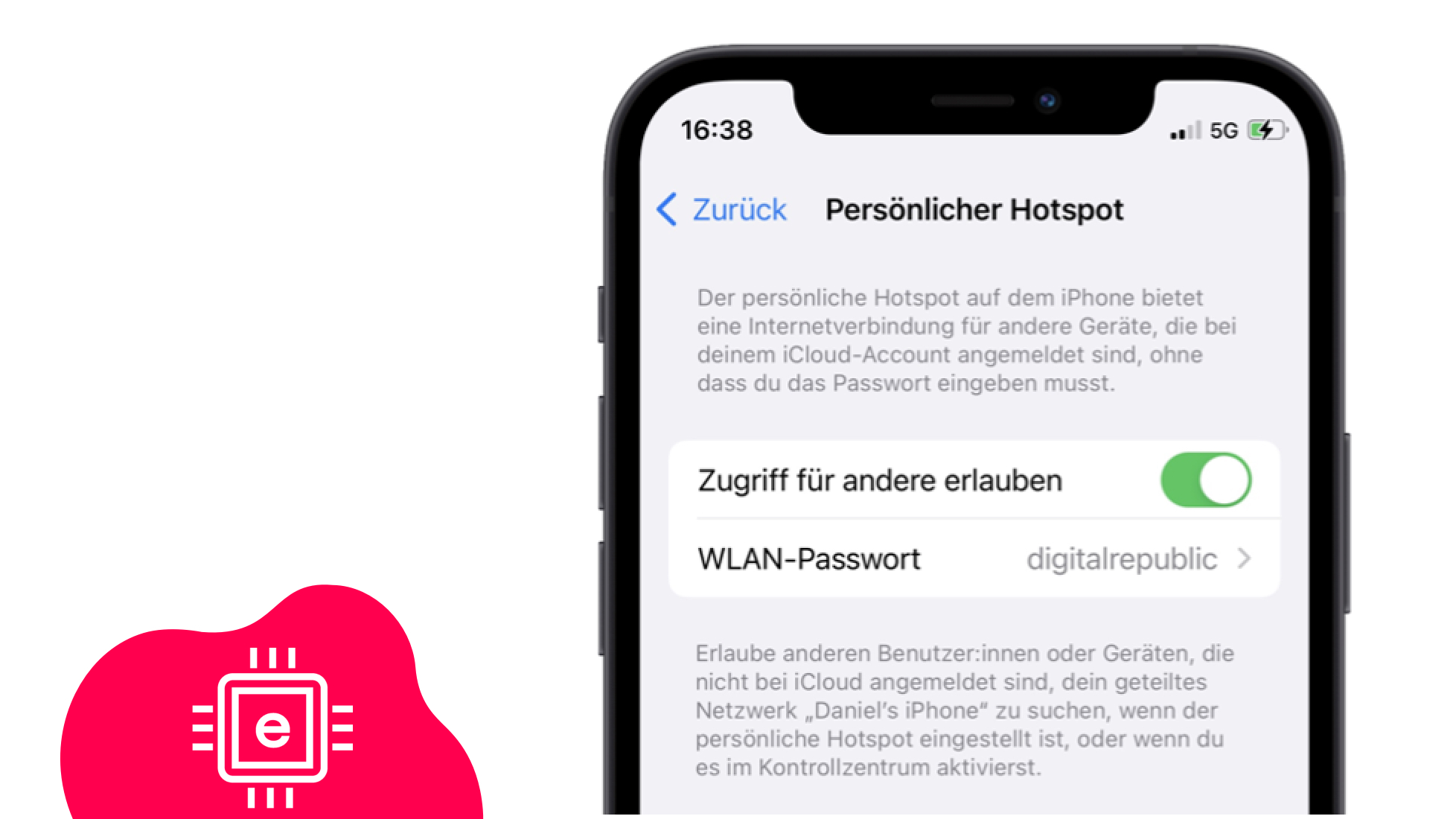 Bildschirm eines iPhones, das Einstellungen für den persönlichen, mobilen Hotspot zeigt
