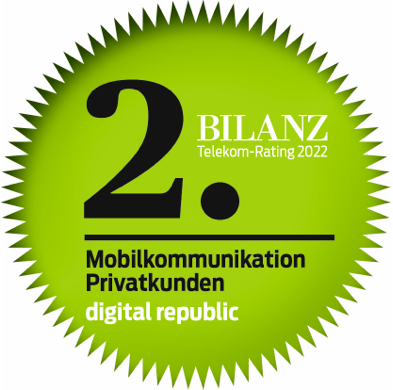 Le sceau de la deuxième place dans le classement Bilanz Mobilfunk Rating 