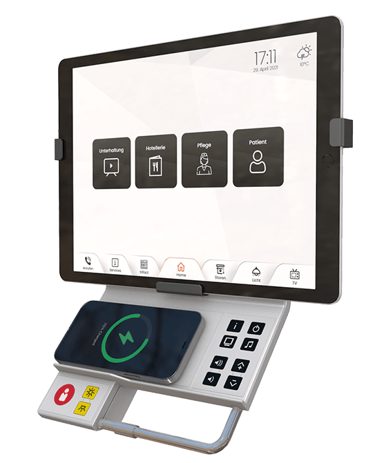 Digital Health System mit Smartphone und Screen zur Befestigung am Patientenbett