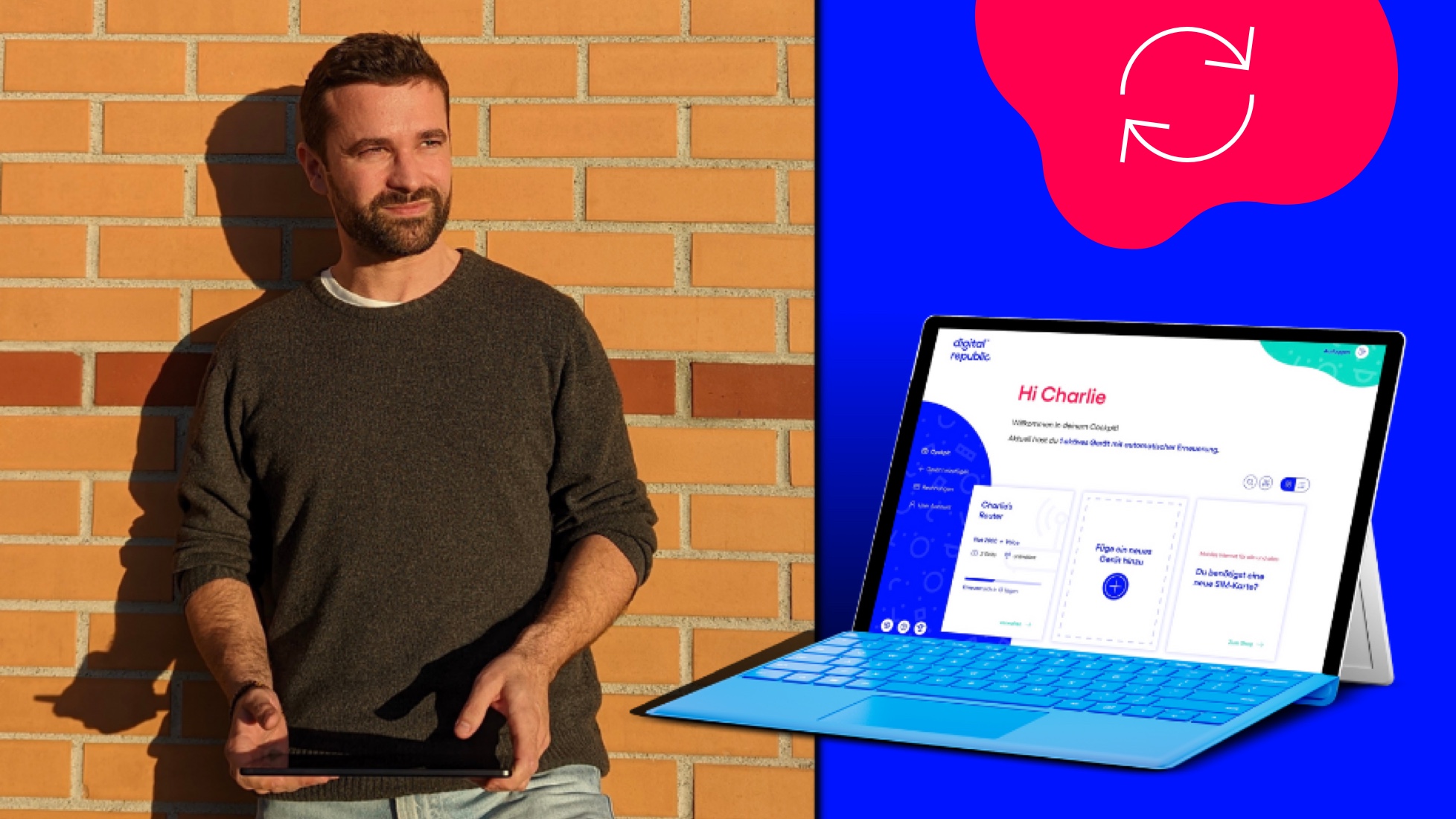 Marco in der Sonne neben Tablet mit neuem Kundenportal