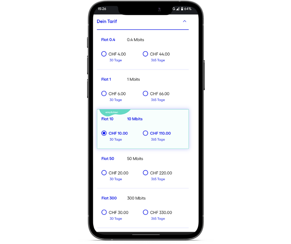 Tarifwahl mobile mit empfohlener Geschwindigkeit
