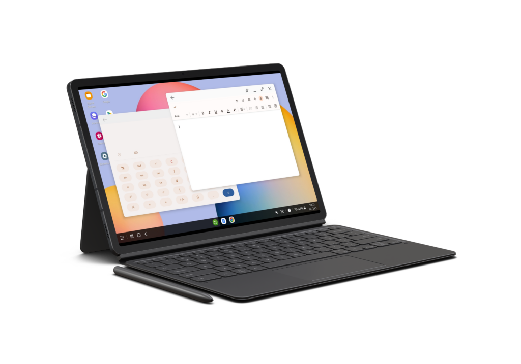 Samsung Tablet mit geöffnetem DeX Modus und Tastaturcover mit Stylus