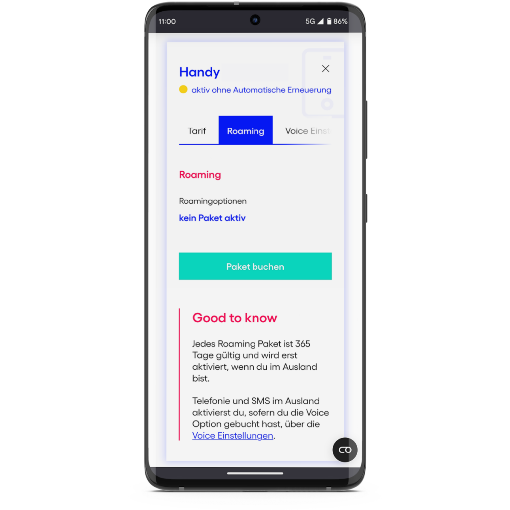 Smartphone mit geöffnetem Roaming Tab
