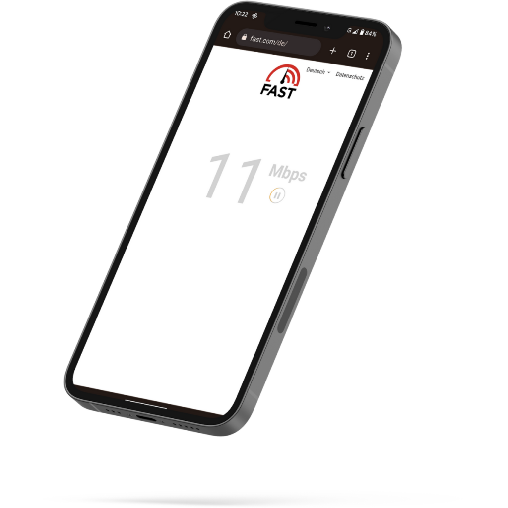 Smartphone mit geöffnetem Speedcheck von fast.com, der 11 Mbps anzeigt.
