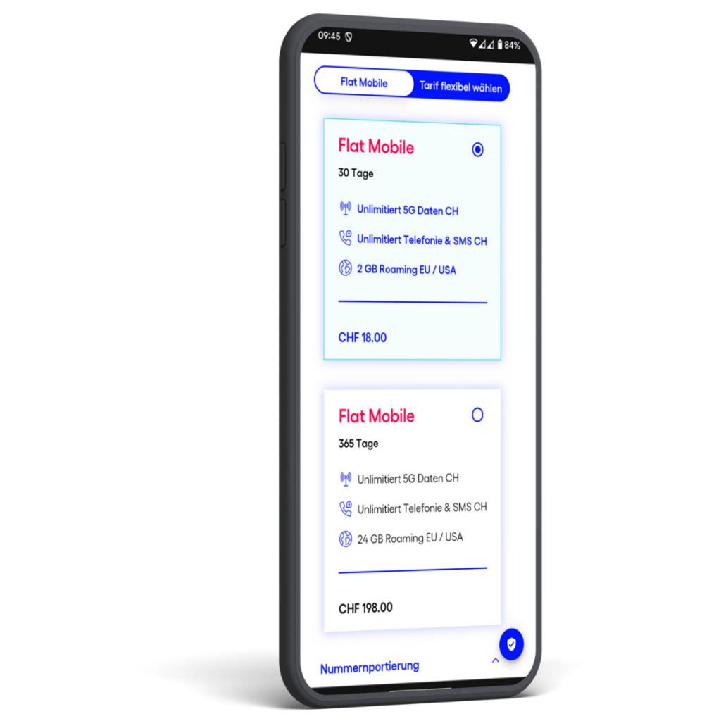 Smartphone mit geöffnetem Digital Republic Kundenportal und Flat Mobile Handy Abo als Monats- oder Jahrespaket